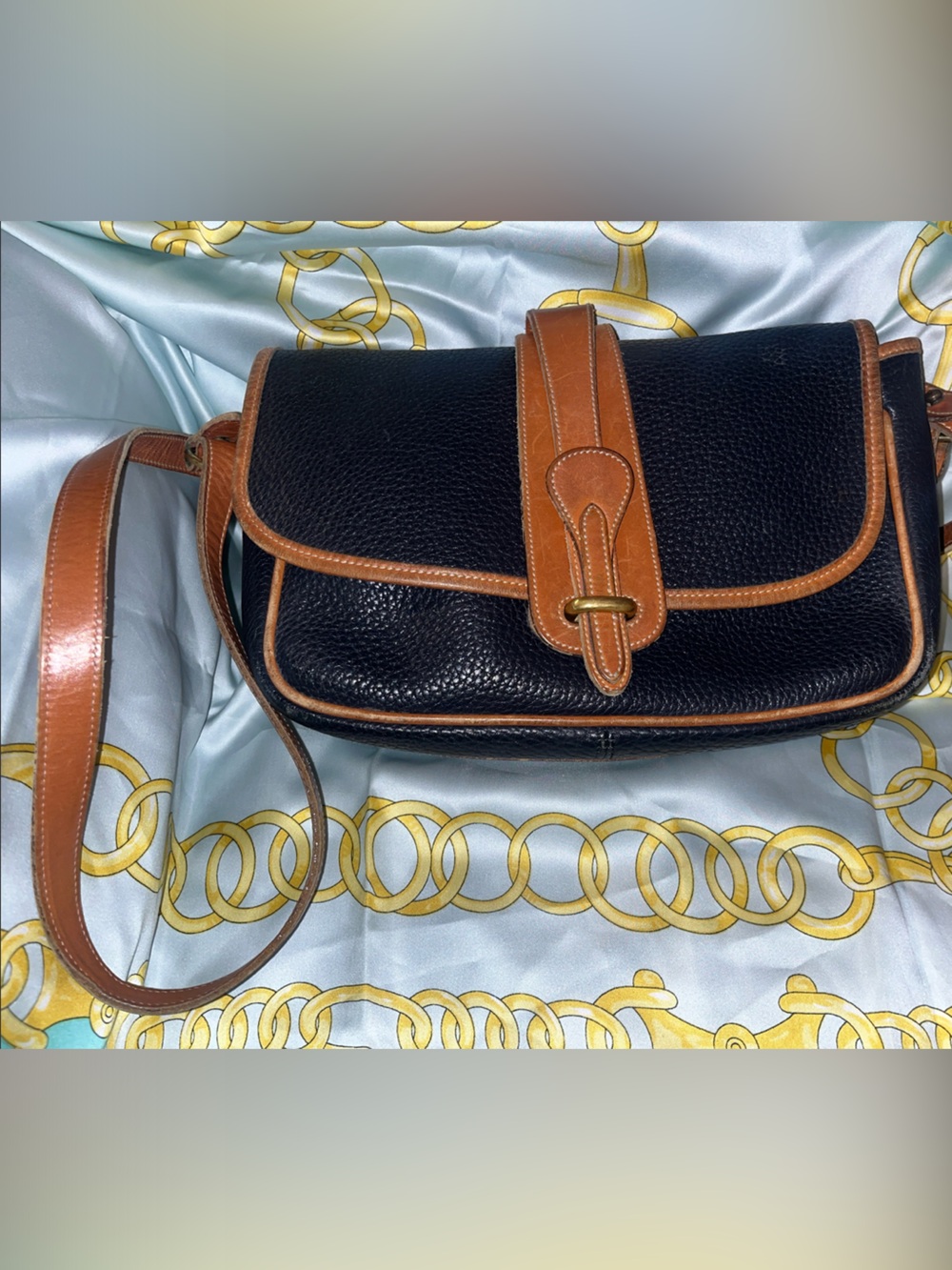 Vintage Dooney & Bourke Equestrian Black and Tan Leather Crossbody Bag